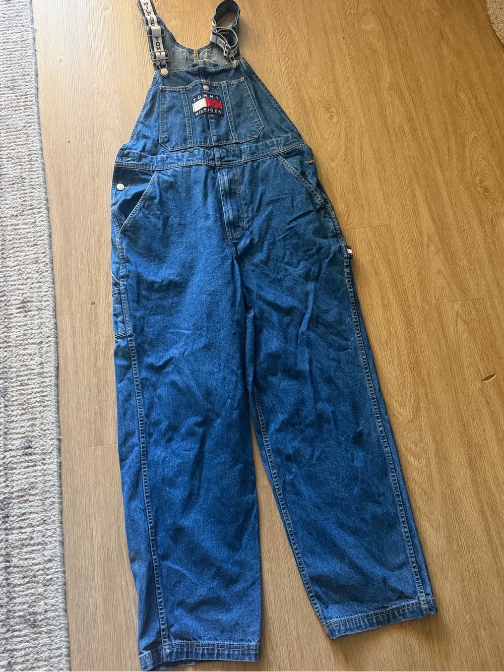 Vintage 90's Tommy Hilfiger Overalls Denim Logo Strap 100% Cotton Size Small Men